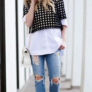 ANN TAYLOR Navy Blue Polka Dot Cut Out Eyelet Crop Top, Size Petite Small